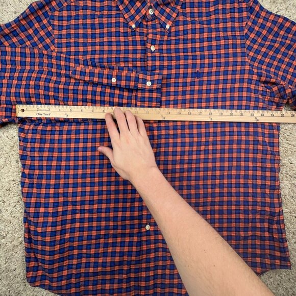 Ralph Lauren Button Up Shirt Cotton Adult Size XL Orange Blue Plaid L/S w Pony - Picture 4 of 8
